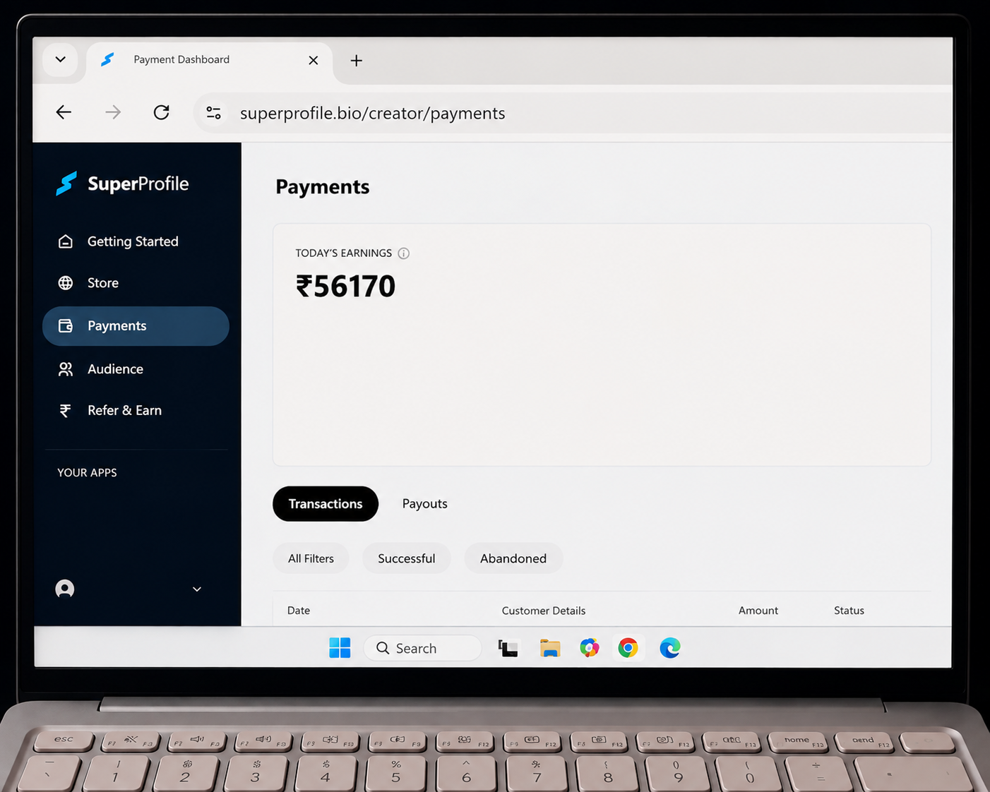 SuperProfile creator payments dashboard showing today's earnings of ₹56170
