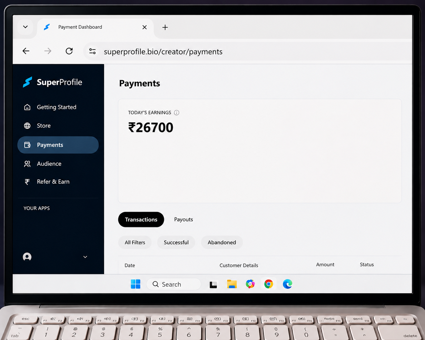 SuperProfile creator payments dashboard showing today's earnings of ₹26700