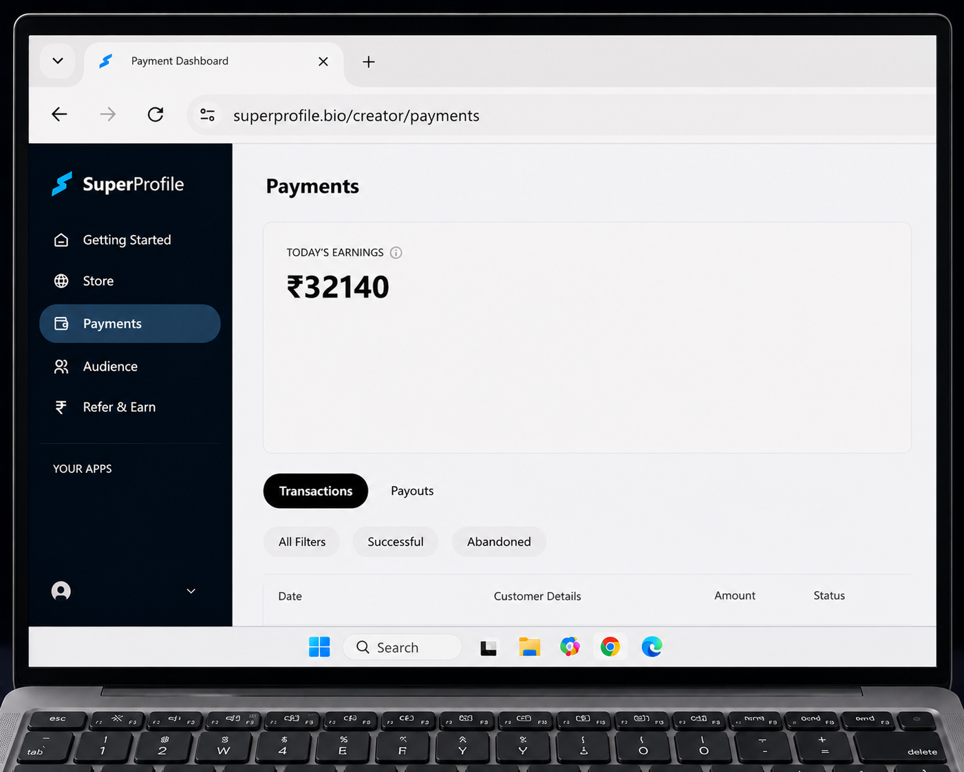 SuperProfile creator payments dashboard showing today's earnings of ₹32140