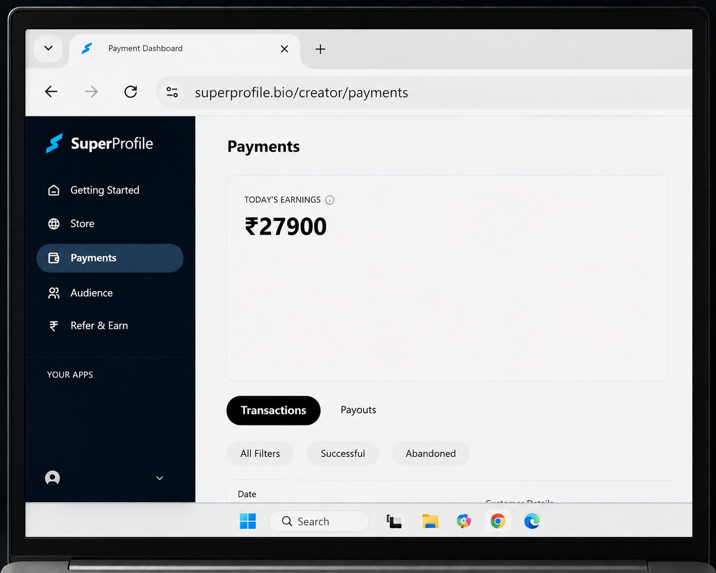 SuperProfile creator payments dashboard showing today's earnings of ₹27900